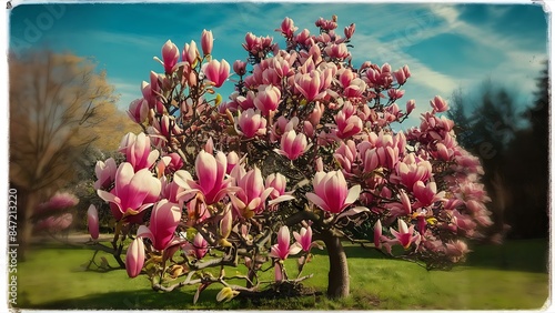 Blooming magnolia tree with pink buds on blue sky background retro toned