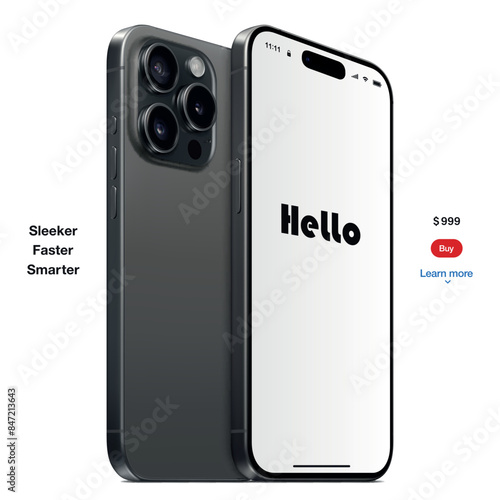 new frameless smartphone grey color with blank screen, front and backside view isolated on white background. mockup of realistic and detailed mobile phone with shadow. vector 3d isometric illustration