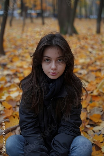 Joyful young brunette lady posing happily surrounded by yellow autumn trees in the park