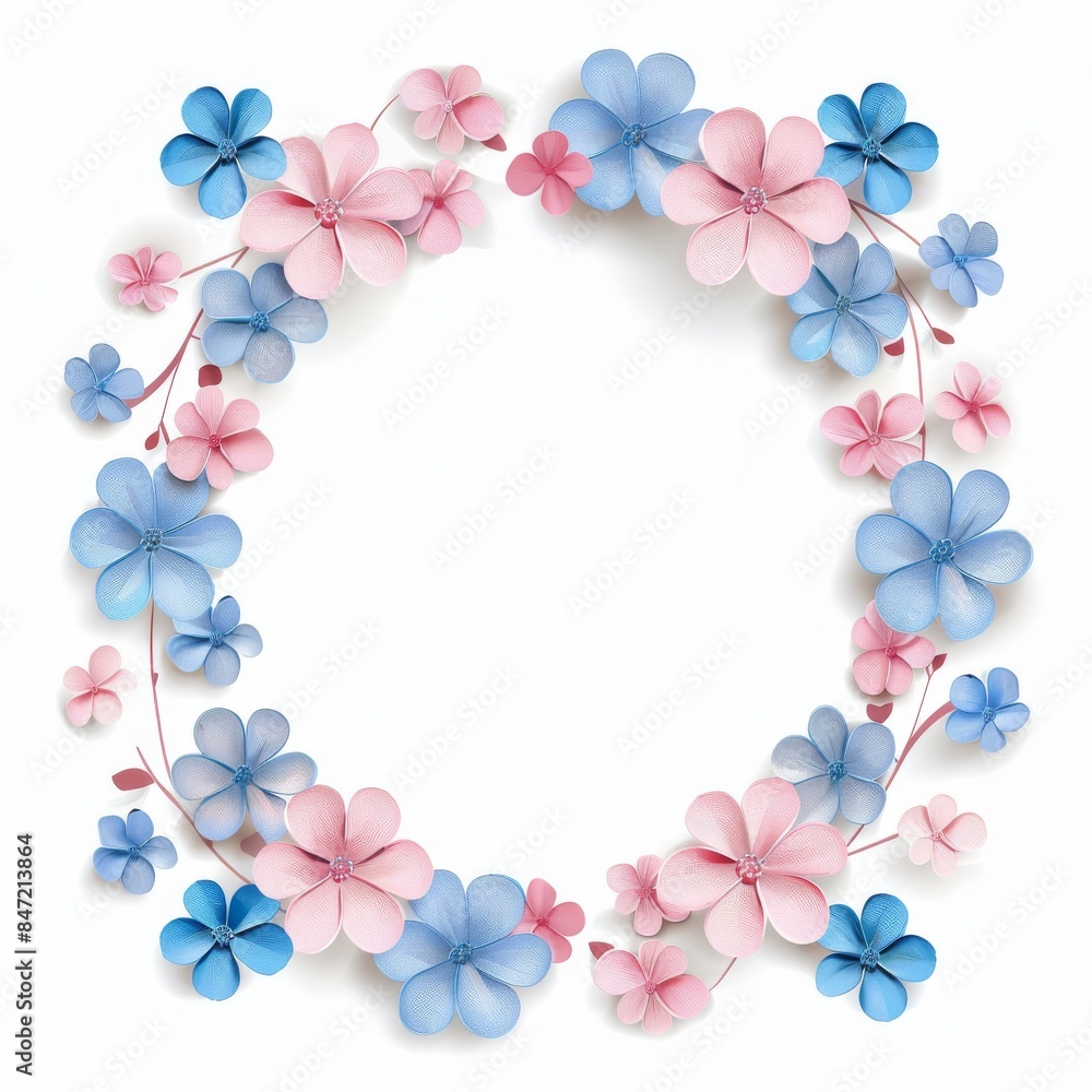 Cute round frame made of pastel pink and blue flowers Cute round frame made of pastel pink and blue flowers