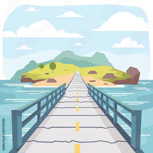 Scenic illustration long bridge spanning over ocean leading towards island hills trees. Minimalist, colorful cartoonstyle landscape featuring clear blue sky, calm water, rocky coastline. Straight