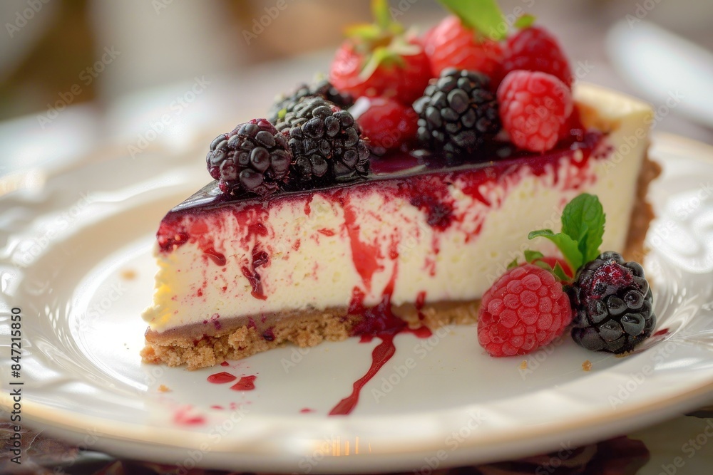 Delicious cheesecake with strawberries, blackberries, raspberries, and mint being served on white plate Delicious cheesecake with strawberries, blackberries, raspberries, and mint being served on white plate