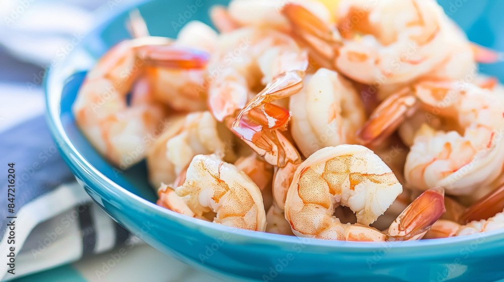close-up of cooked shrimp in a blue bowl close-up of cooked shrimp in a blue bowl