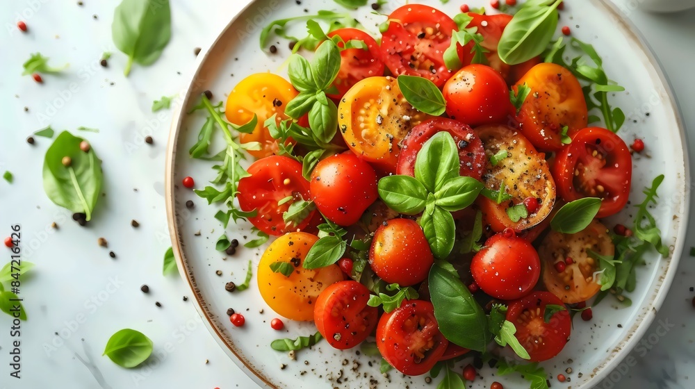 A plate of tomatoes and basil with a sprinkle of pepper