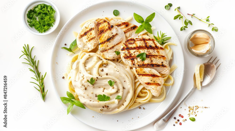 grilled chicken pasta with creamy sauce and herbs on white background grilled chicken pasta with creamy sauce and herbs on white background