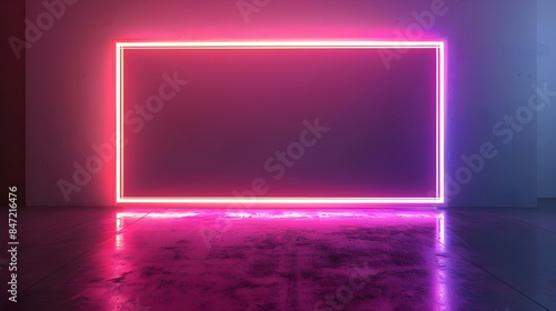 One sizable neon light-filled blank picture frame in an empty room with a black background might be used for advertising, event posters, modern fashion product displays, or nightclub sign frames.