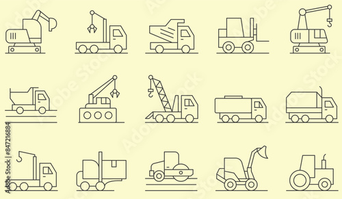 Thin line icons set of Heavy Equipment. Outline symbol collection. Editable vector stroke.