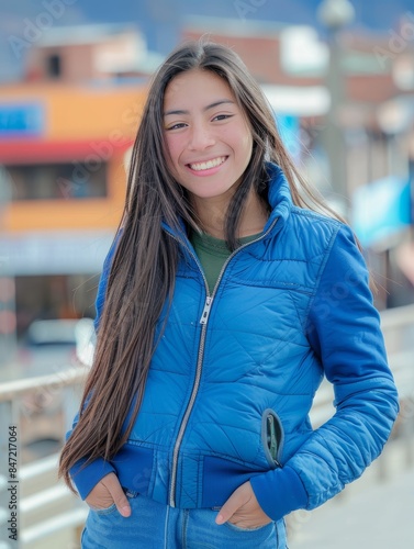 Happy Latin Woman Enjoying City Life in La Paz, Bolivia Generative AI photo