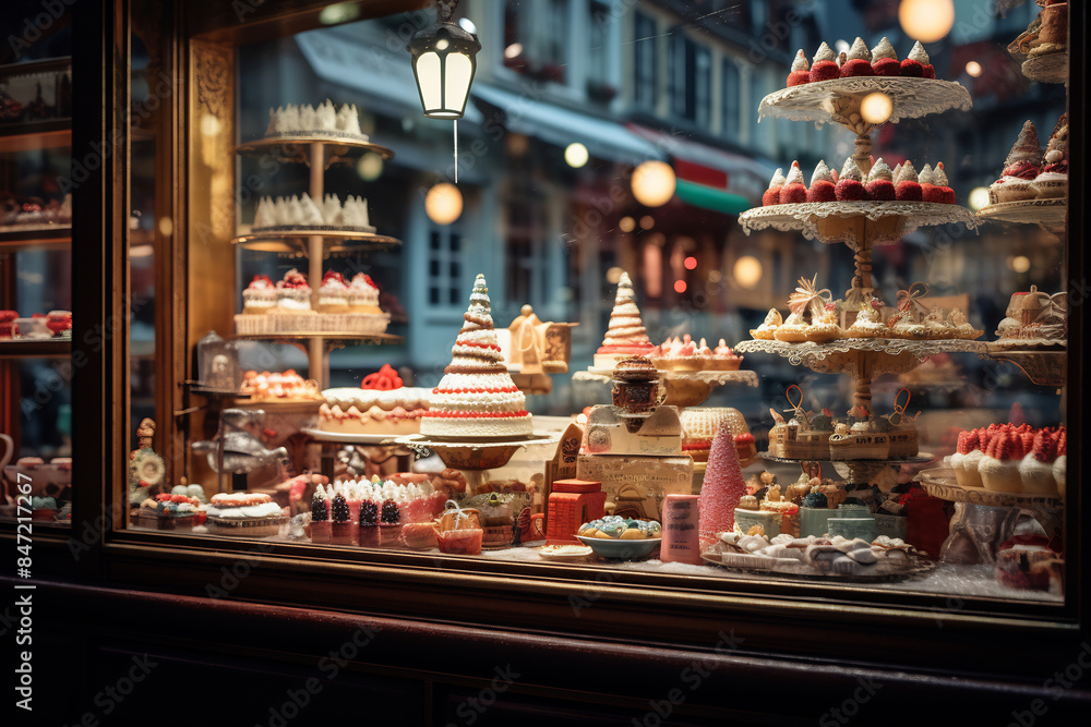 Festive pastry display in a european bakery window at night Festive pastry display in a european bakery window at night
