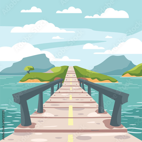 long wooden bridge extends over serene lake towards lush, green island distance. Mountains trees create peaceful backdrop under clear, blue sky scattered clouds. Ideal adventure, travel