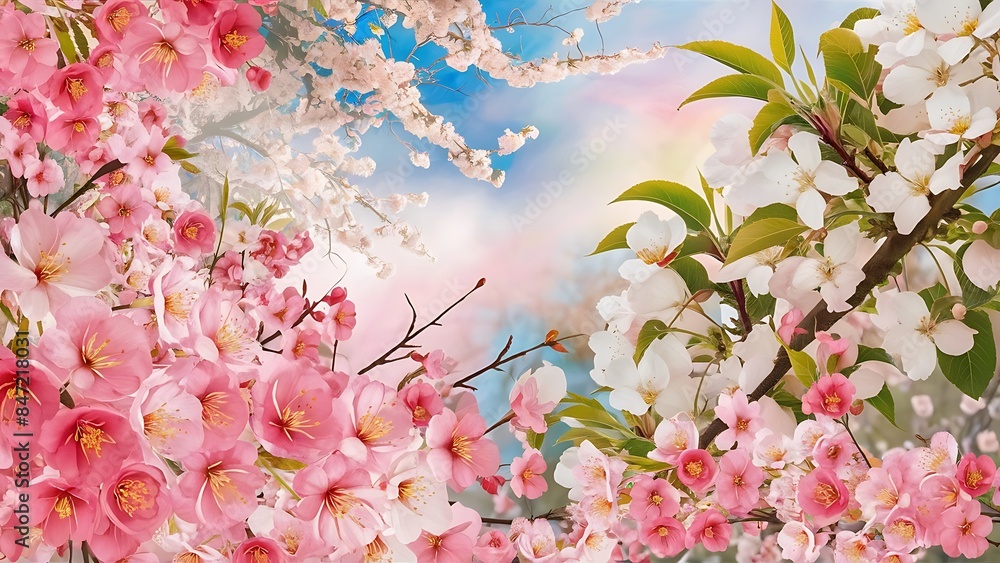 Focus on foreground kwanzan cherry tree blossoms and white apple tree flowers pink romantic springtime background Focus on foreground kwanzan cherry tree blossoms and white apple tree flowers pink romantic springtime background
