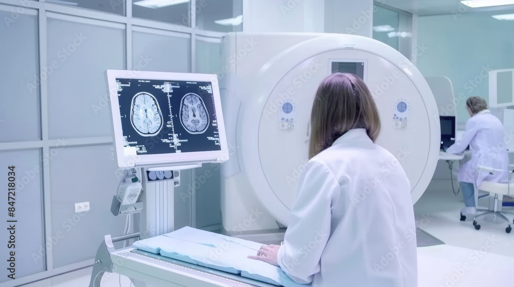 medical professionals analyzing brain scans on a computer next to an MRI machine medical professionals analyzing brain scans on a computer next to an MRI machine