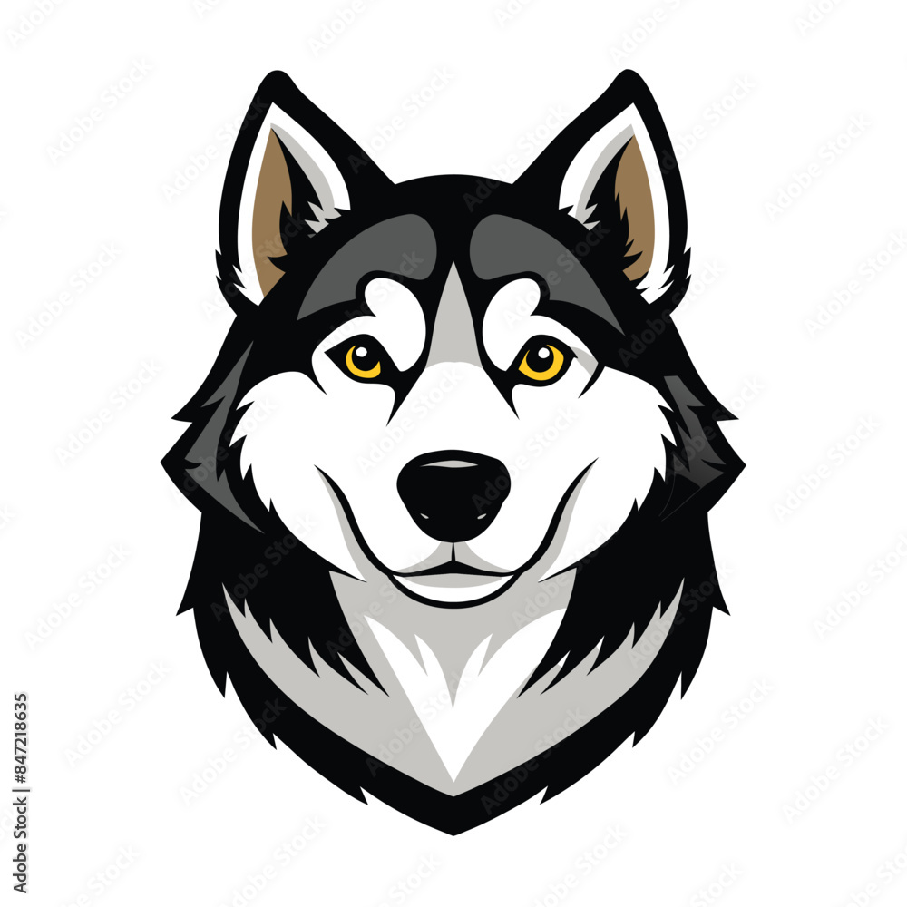 Vector illustration of an Alaskan Malamute head with a happy expression and yellow eyes, isolated on a white background - detailed, high-quality cartoon style Vector illustration of an Alaskan Malamute head with a happy expression and yellow eyes, isolated on a white background - detailed, high-quality cartoon style