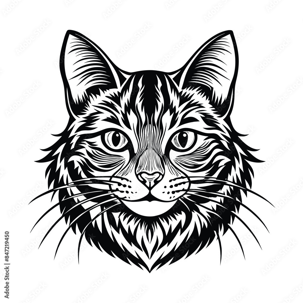 Detailed black and white vector illustration of an American Bobtail cat head portrait with intricate line art and realistic features, ideal for tattoos and graphic designs Detailed black and white vector illustration of an American Bobtail cat head portrait with intricate line art and realistic features, ideal for tattoos and graphic designs