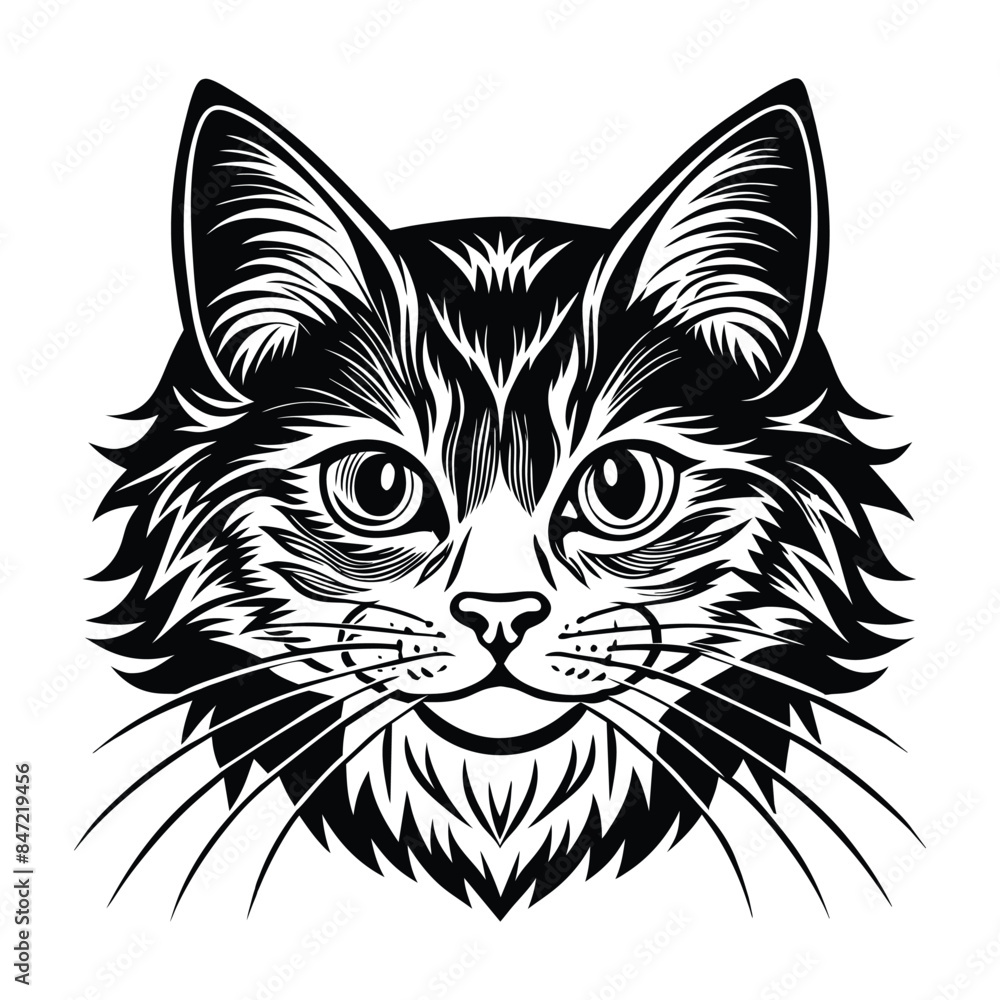 Vector Illustration of American Curl Cat Head - Detailed Black and White Artwork of Feline Portrait with Intricate Line Art Vector Illustration of American Curl Cat Head - Detailed Black and White Artwork of Feline Portrait with Intricate Line Art