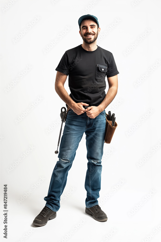 Confident plumber smiling and holding tools on white background Confident plumber smiling and holding tools on white background