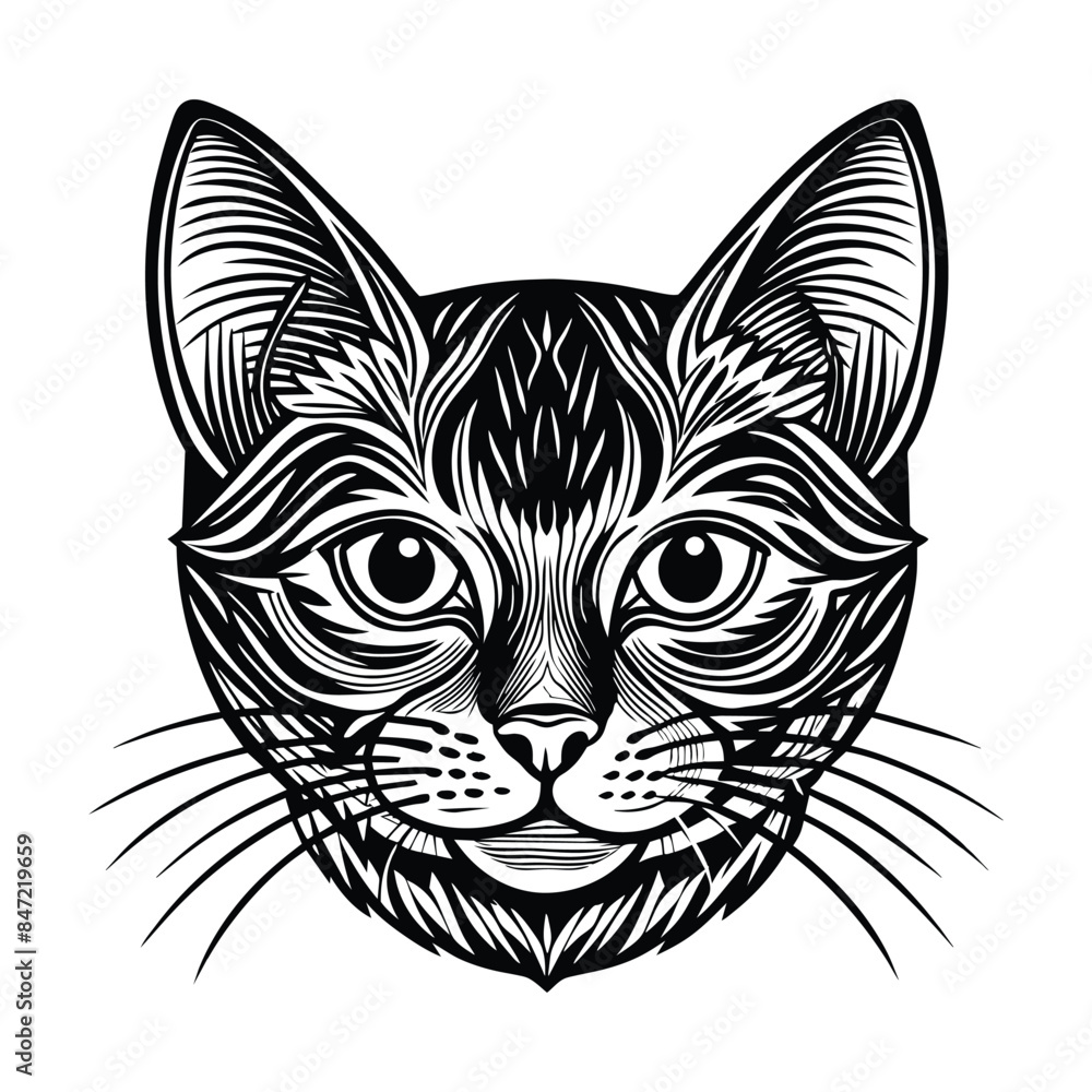 Detailed vector illustration of a cat head portrait with intricate closed line design, black and white artistic feline face graphic Detailed vector illustration of a cat head portrait with intricate closed line design, black and white artistic feline face graphic