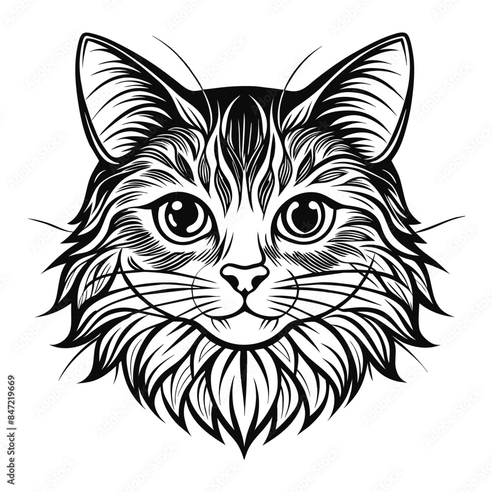 Intricate Chantilly Tiffany Cat Head Portrait - Detailed Black and White Vector Illustration of a Long-Haired Cat Face with Beautiful Eyes and Elegant Fur Patterns Intricate Chantilly Tiffany Cat Head Portrait - Detailed Black and White Vector Illustration of a Long-Haired Cat Face with Beautiful Eyes and Elegant Fur Patterns