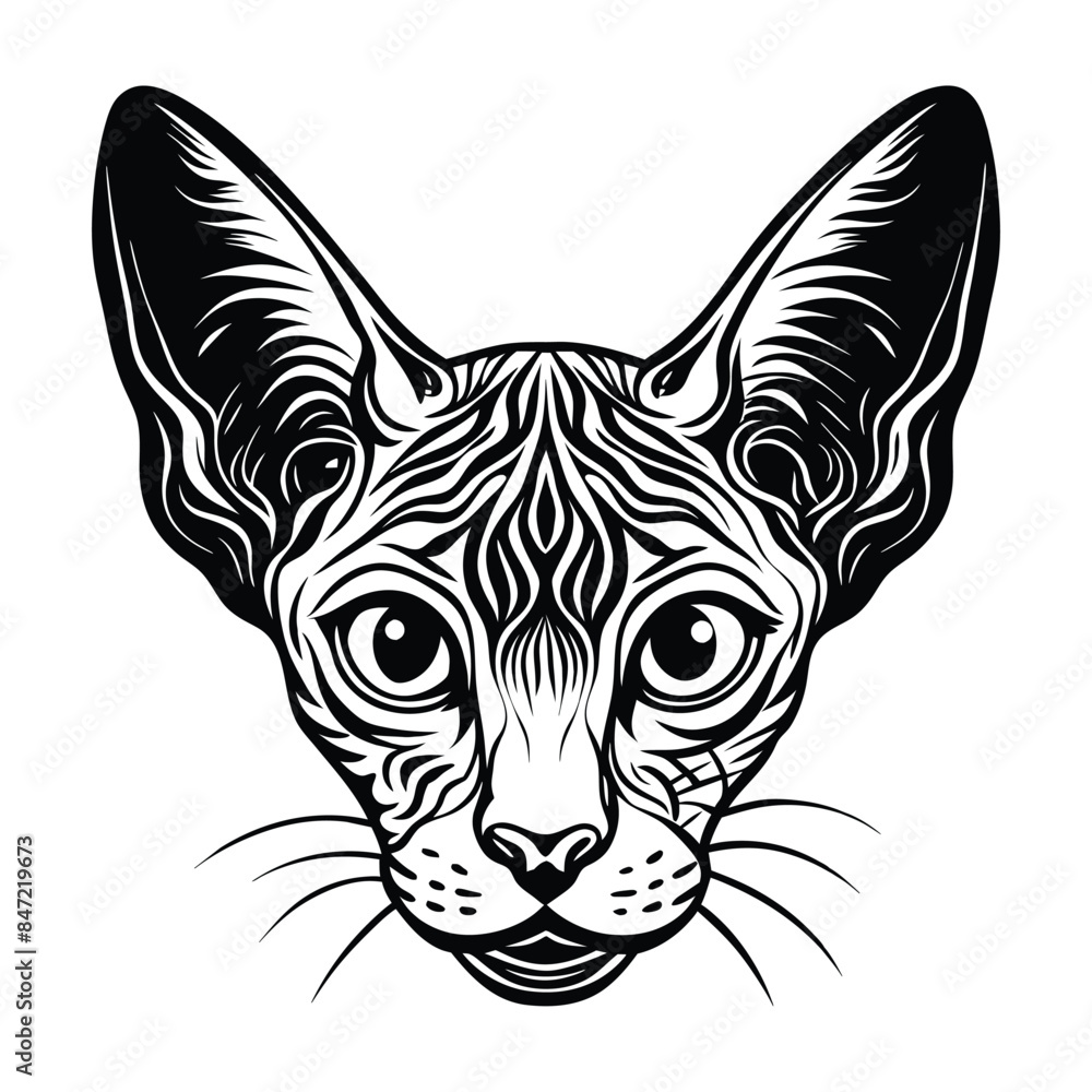 Intricate Black and White Vector Illustration of Cornish Rex Cat Head with Detailed Facial Patterns and Large Expressive Eyes Intricate Black and White Vector Illustration of Cornish Rex Cat Head with Detailed Facial Patterns and Large Expressive Eyes