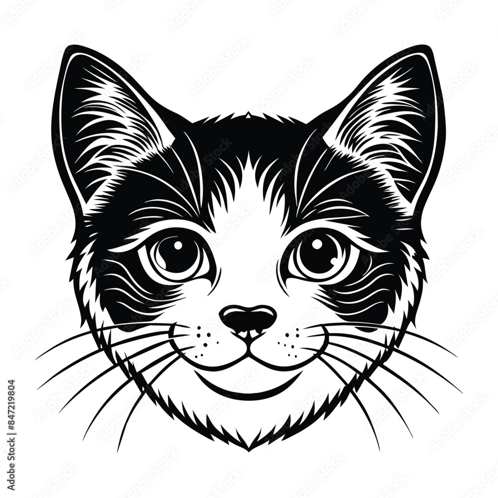 Black and White Vector Illustration of a Cute Munchkin Cat Head Portrait with Big Eyes and Whiskers Black and White Vector Illustration of a Cute Munchkin Cat Head Portrait with Big Eyes and Whiskers
