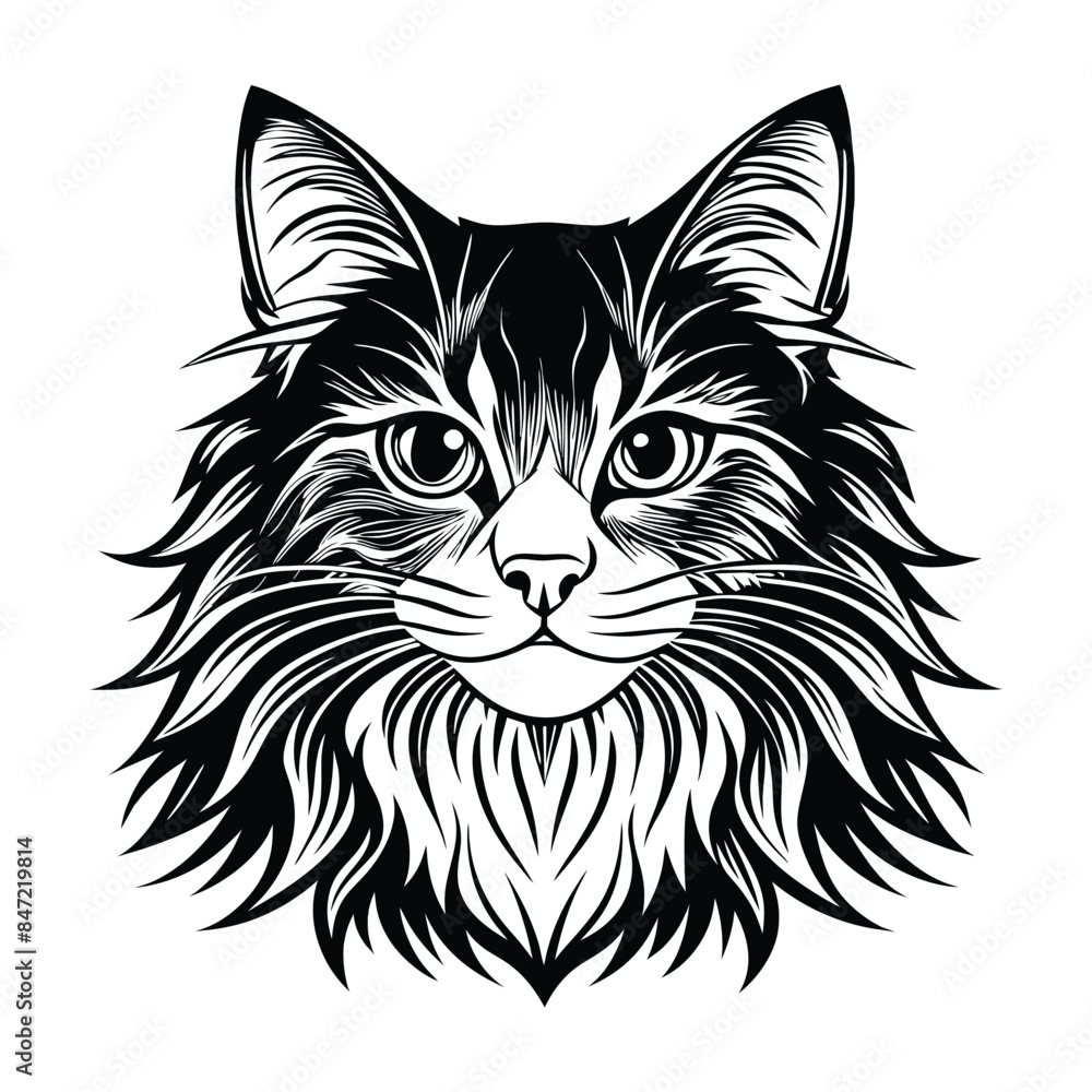 Detailed Black and White Vector Illustration of a Norwegian Forest Cat Head - Intricate Line Art Drawing of a Majestic Feline with Expressive Eyes Detailed Black and White Vector Illustration of a Norwegian Forest Cat Head - Intricate Line Art Drawing of a Majestic Feline with Expressive Eyes
