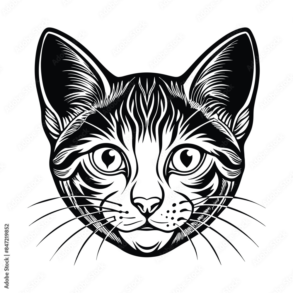 Detailed vector illustration of a cat head with intricate patterns, black and white cat face drawing, artistic feline portrait for tattoos, prints, and designs Detailed vector illustration of a cat head with intricate patterns, black and white cat face drawing, artistic feline portrait for tattoos, prints, and designs