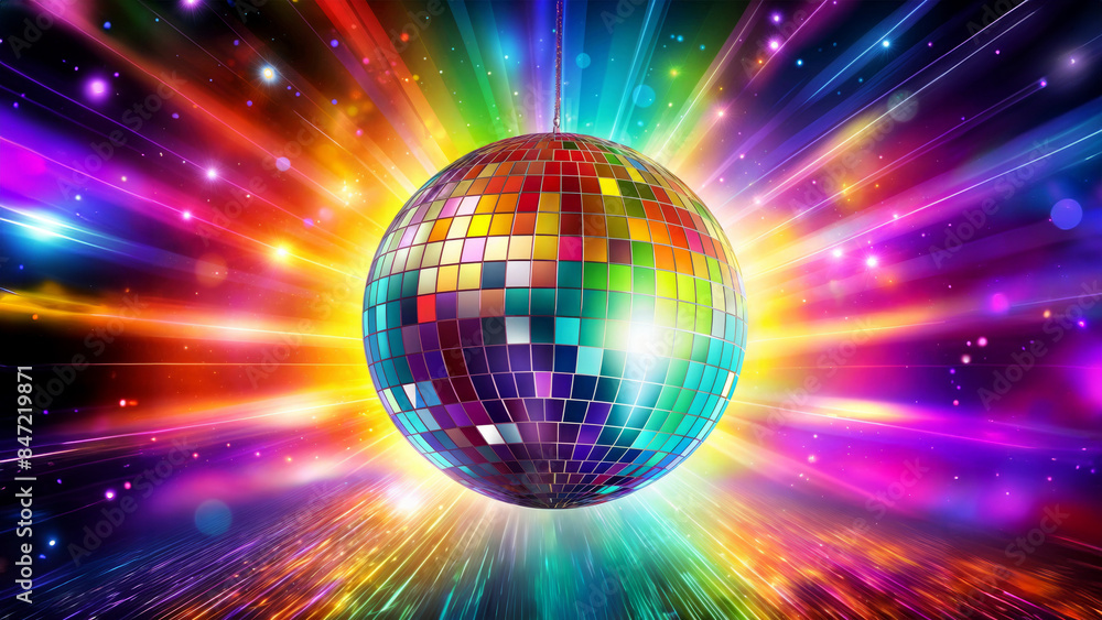 Dance club disco party background. Rainbow mirror ball on vibrant backdrop with sparkling lights Dance club disco party background. Rainbow mirror ball on vibrant backdrop with sparkling lights