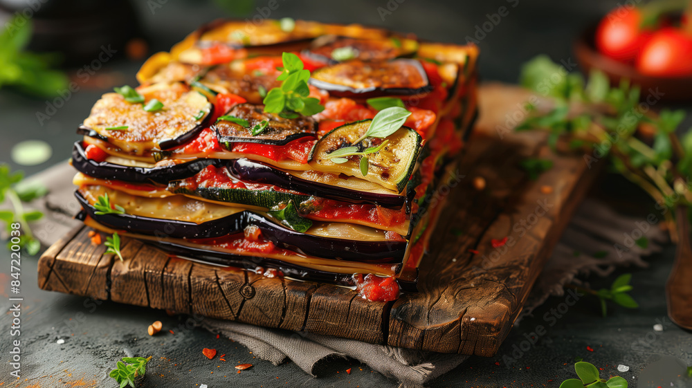 Traditional roasted vegetable lasagna with layers of eggplant and zucchini on a rustic wooden board, Italian cuisine food. Traditional roasted vegetable lasagna with layers of eggplant and zucchini on a rustic wooden board, Italian cuisine food.