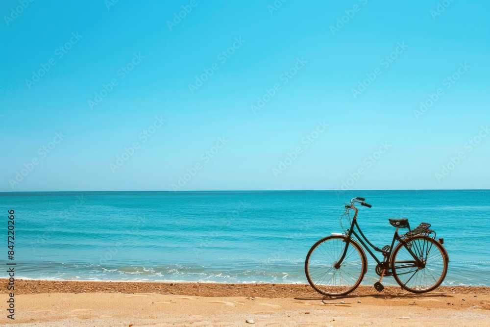 Fototapeta premium Black bicycle is standing on a beautiful beach with turquoise water and blue sky