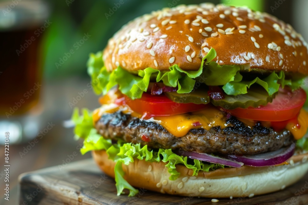 Delicious burger with lettuce, tomato, pickles, and cheese resting on a wooden board Delicious burger with lettuce, tomato, pickles, and cheese resting on a wooden board