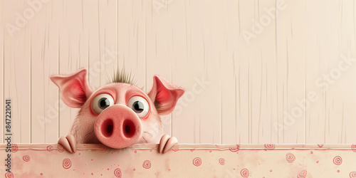 illustration funny surprised piglet peeks out from behind fence