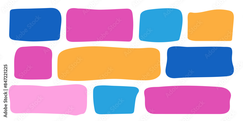 Drawn rectangle text box set. Colorful doodle abstract geometric frame. Empty highlight speech bubble. Blank kids simple textbox template collection. Abstract shapes isolated on white Drawn rectangle text box set. Colorful doodle abstract geometric frame. Empty highlight speech bubble. Blank kids simple textbox template collection. Abstract shapes isolated on white