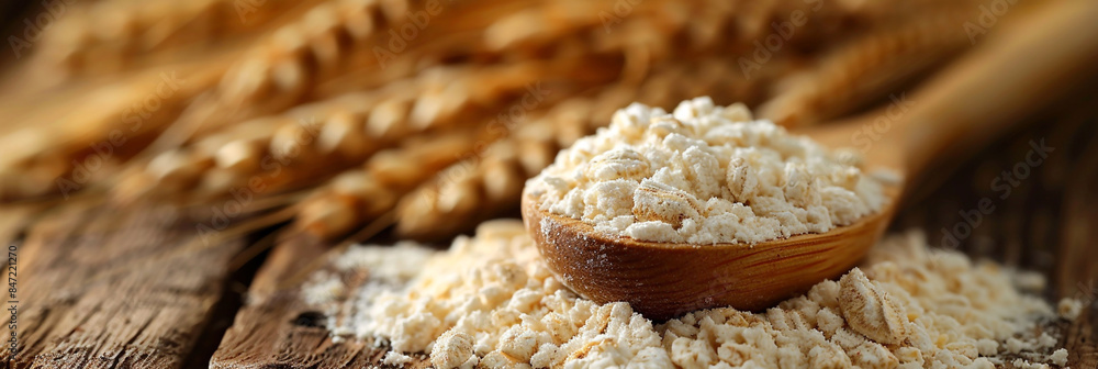 wide closeup photo of white fresh wheat flour on wooden bowl on wooden table wide closeup photo of white fresh wheat flour on wooden bowl on wooden table