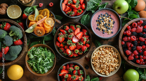 A healthy breakfast spread with fruits, granola, and smoothies, arranged beautifully on a rustic table