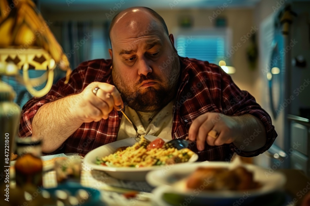 Overweight man is sitting at his kitchen table, eating a big plate of pasta for dinner Overweight man is sitting at his kitchen table, eating a big plate of pasta for dinner