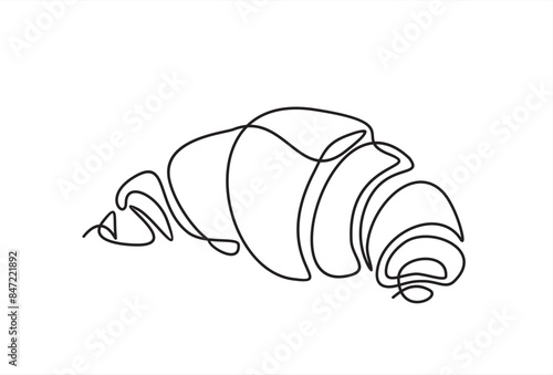 Continuous one line drawing of croissant for logo in minimalist style. Hand drawn french pastry line sketch for print, breakfast concept.