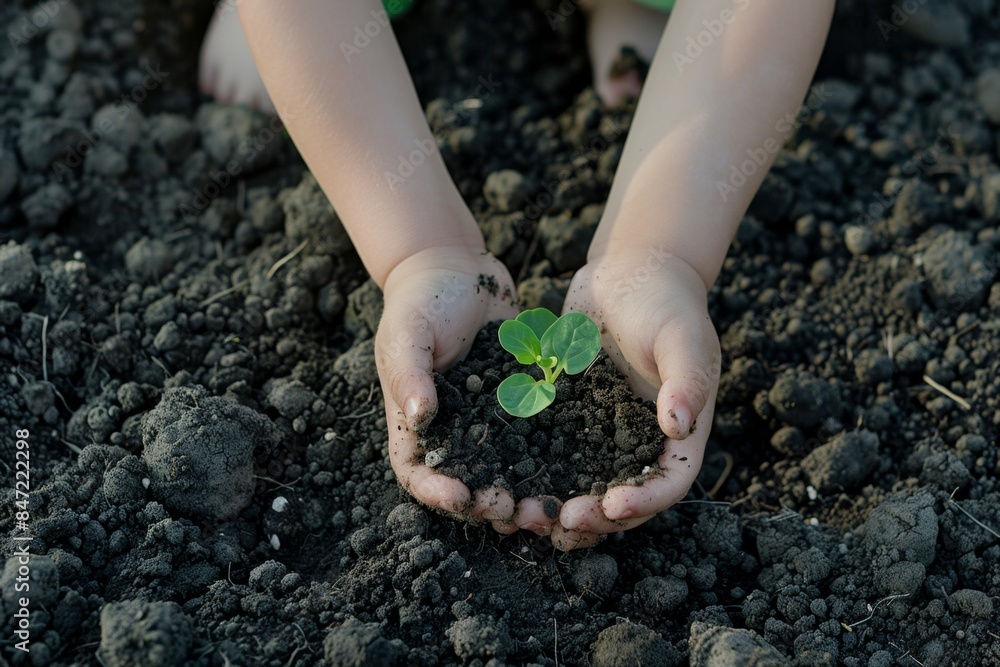 Young plant sprouting from soil in hands cradle, growth and care plant, dirt-covered hands seedling Young plant sprouting from soil in hands cradle, growth and care plant, dirt-covered hands seedling