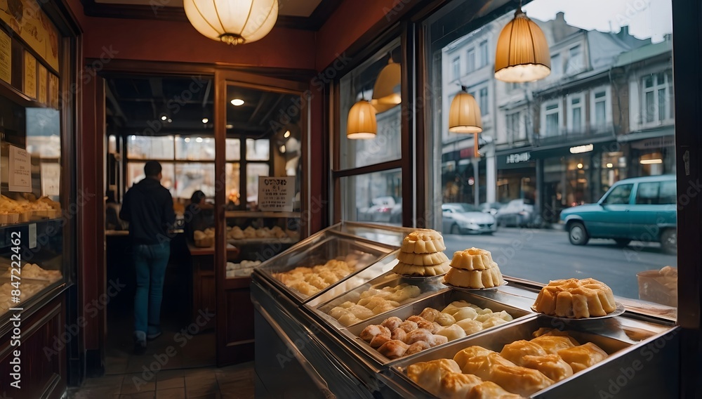 A pastry shop with a window full of dumplings and sweets A pastry shop with a window full of dumplings and sweets