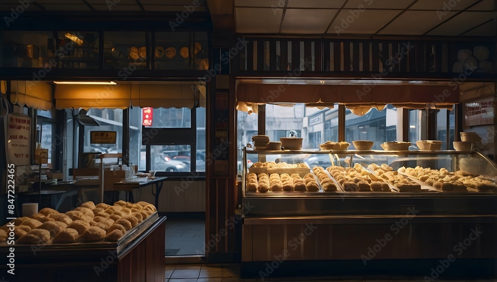 A pastry shop with a window full of dumplings and sweets A pastry shop with a window full of dumplings and sweets
