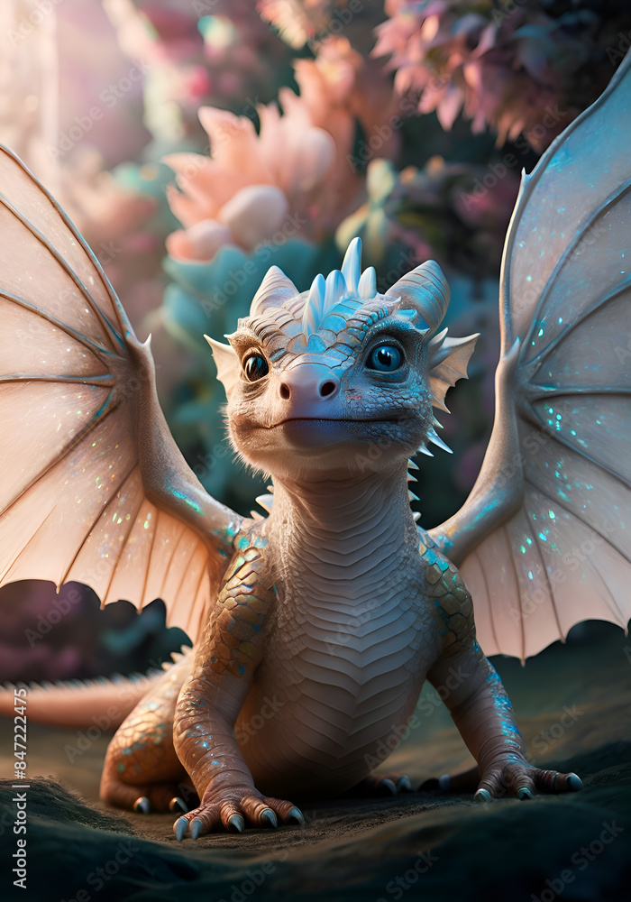 adorable cutest pink pearly dragon kid posing in extraterrestrial jungle. Digital artwork. AI generated