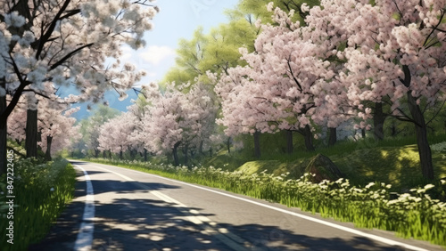 Wallpaper Mural Beautiful cherry blossom trees in full bloom lining a scenic road under a bright blue sky.
 Torontodigital.ca