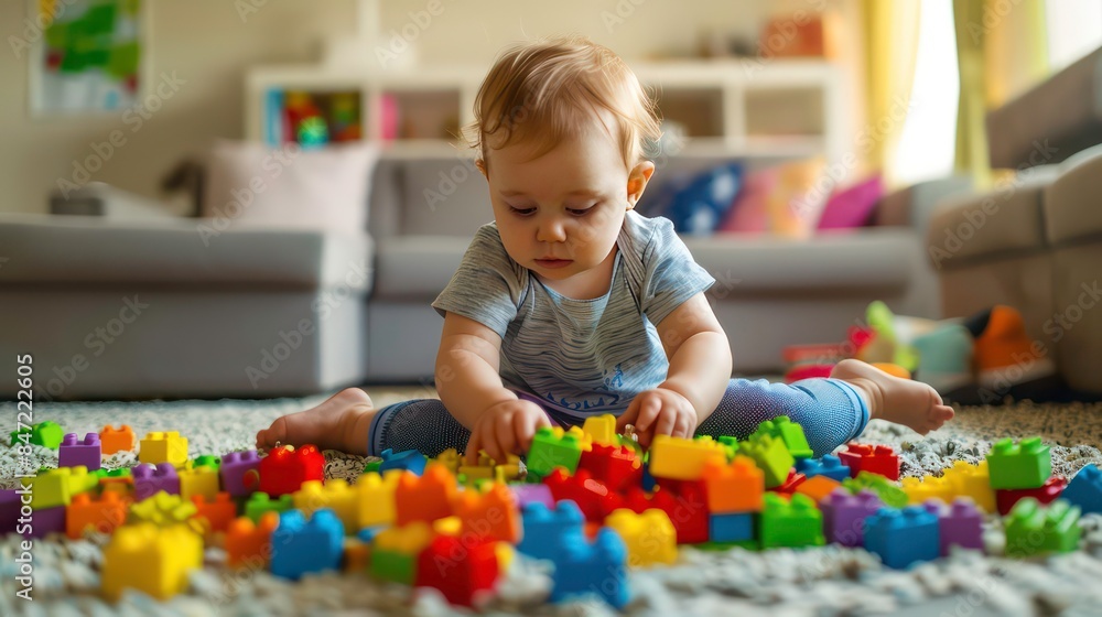 Cute toddler baby playing colorful toy blocks on the floor of a modern home, creative playing and making a mess at home. Generative AI Cute toddler baby playing colorful toy blocks on the floor of a modern home, creative playing and making a mess at home. Generative AI