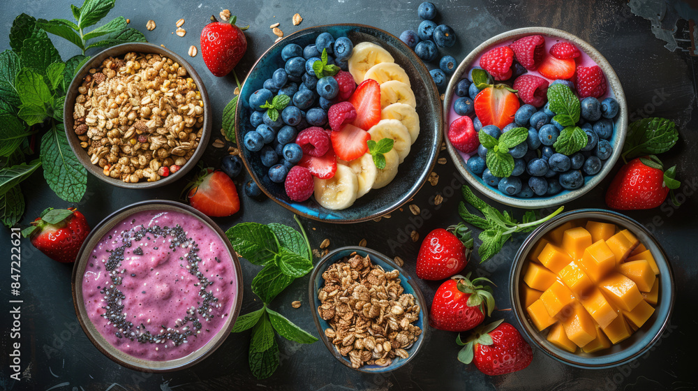 A healthy breakfast spread with fruits, granola, and smoothies, arranged beautifully on a rustic table A healthy breakfast spread with fruits, granola, and smoothies, arranged beautifully on a rustic table