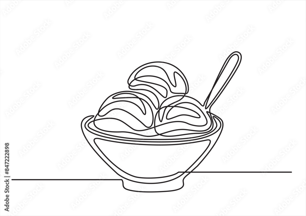 One continuous line drawing of ice cream in a bowl. Ice cream in plate freehand drawn silhouette illustration. Vector line art isolated on white One continuous line drawing of ice cream in a bowl. Ice cream in plate freehand drawn silhouette illustration. Vector line art isolated on white