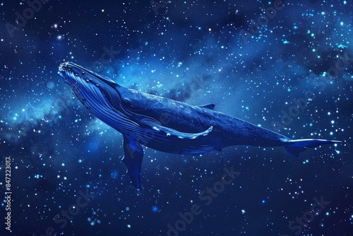 Large blue whale is swimming through a starry night sky in this illustration of the galaxy