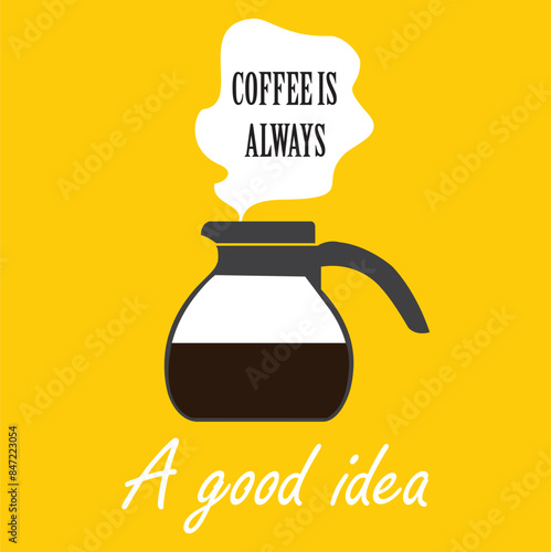 Cartel de una cafetera con fondo amarillo. Vector