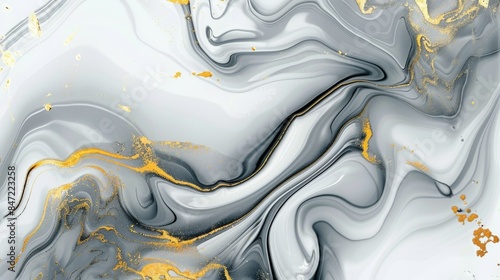  Abstract marble texture with golden swirls on a grey and white background, creating an elegant design in the style of wall art or decor. Generative AI
