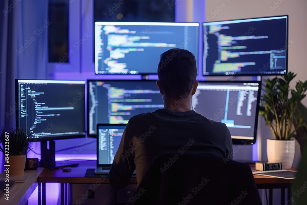 Software developer working late night programming and coding on multiple monitors Software developer working late night programming and coding on multiple monitors