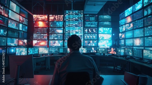 Person in a control room monitoring multiple screens showing images and data. Bright lights and numerous displays create a futuristic and busy atmosphere.