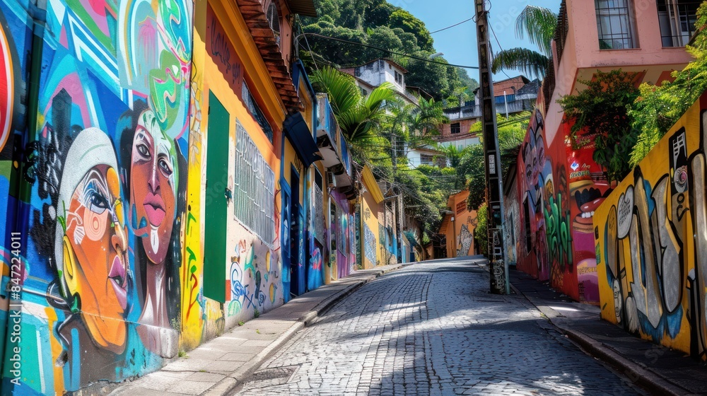 Obraz premium Vibrant street art in urban alleyway with colorful graffiti and murals on walls, surrounded by greenery on a sunny day. Cobblestone path visible.